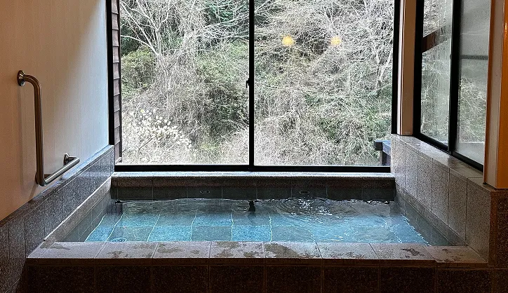 窓の外に山の木々を望む貸切風呂
